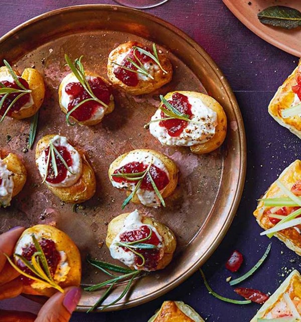 Smashed roasties with blue cheese and cranberry