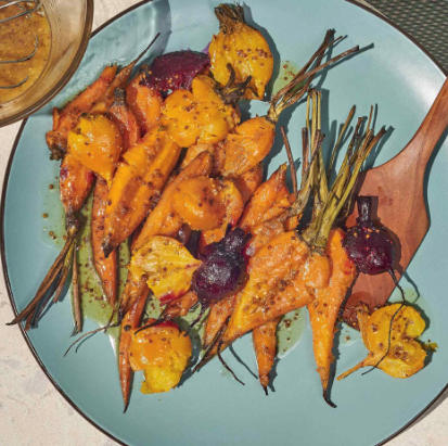 Smashed root vegetables with mustard vinaigrette