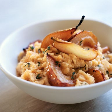 Smashed rutabagas with ginger-roasted pears