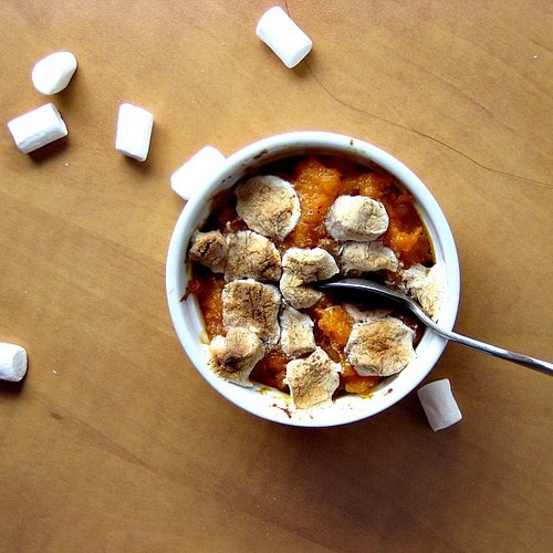 Smashed sweet potatoes and butternut squash with five-spice marshmallows