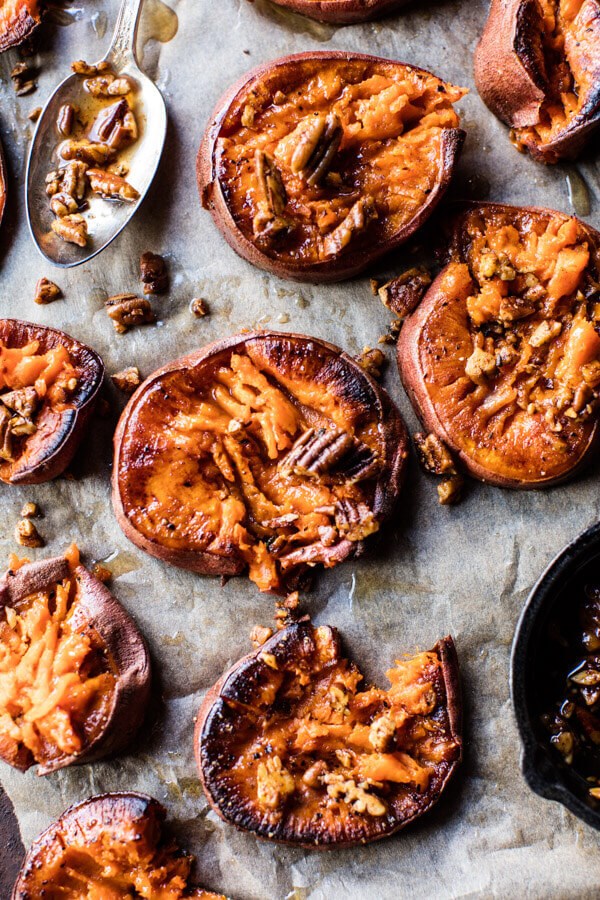 Smashed sweet potatoes with bourbon maple butter