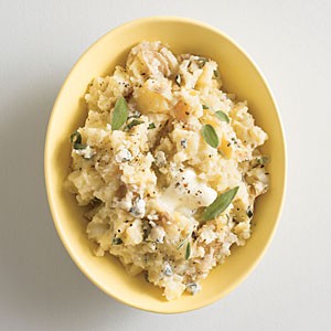 Smashed Yukon gold potatoes with Gorgonzola and sage