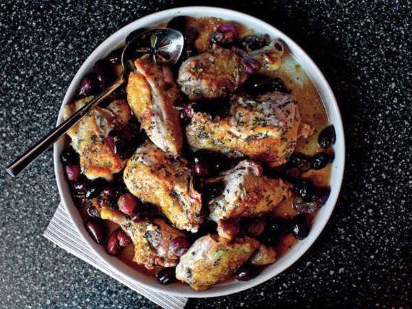 Smitten Kitchen's harvest roast chicken with grapes, olives, and rosemary (Cook the Book)