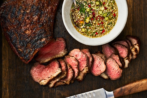 Smoke-grilled tri-tips with jeow som dipping sauce