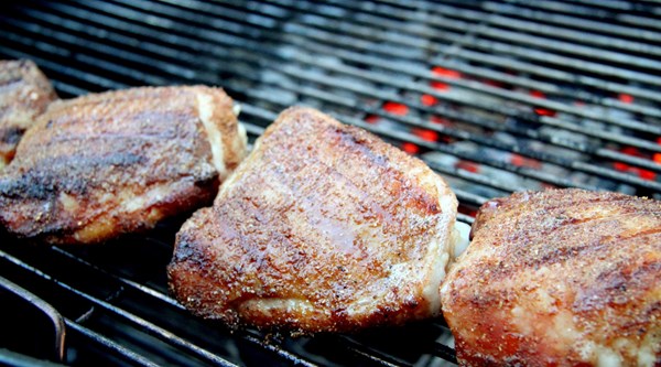Smoke-roasted chicken thighs with maple-barbecue sauce