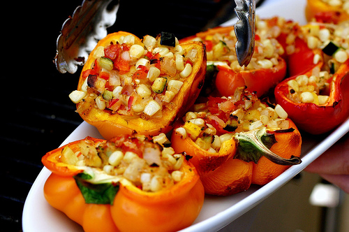 Smoke-roasted stuffed bell peppers