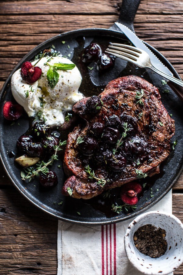 Smoked ancho chile salted steaks with drunken burst sweet cherries + burrata