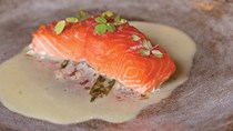 Smoked and grilled salmon with beurre blanc