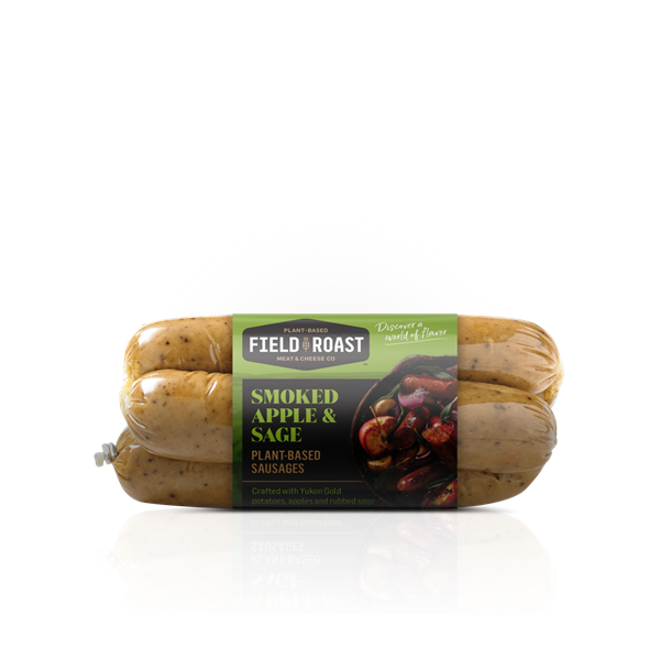 Smoked apple & sage sausages with roasted vegetables in a buttery cider glaze