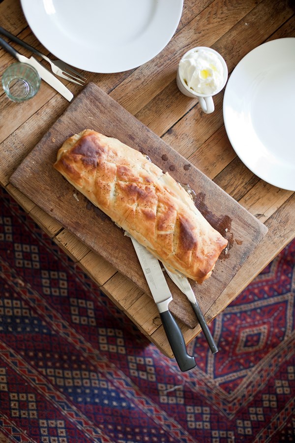 Smoked aubergine and olive strudel