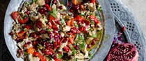 Smoked aubergine and pepper salad with pomegranate molasses