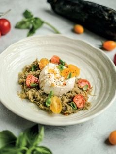 Smoked aubergine, burrata and marinated cherry tomatoes (Melanzane affumicate, burrata e pomodorini marinati)