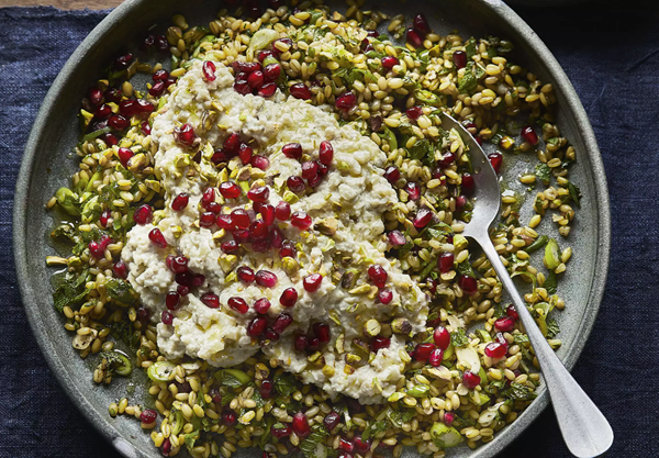 Smoked aubergine, freekeh & pomegranate