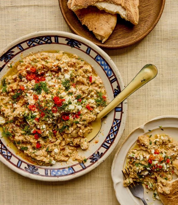 Smoked aubergine salad with pickled chillies & feta