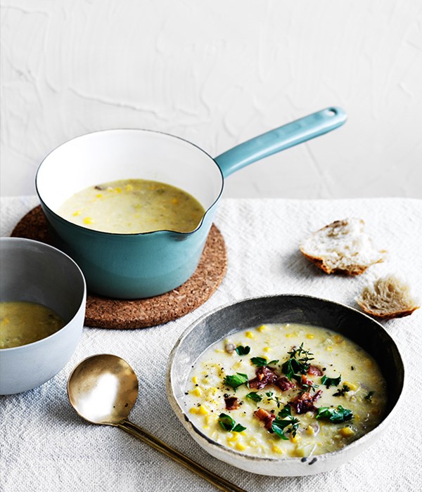Smoked bacon, potato and corn chowder