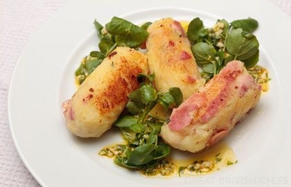 Smoked bacon potato cakes with soft egg dressing and watercress salad