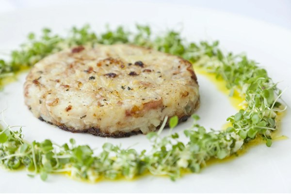 Smoked bacon potato cakes with soft egg dressing [Adam Gray]