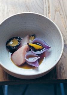 Smoked bonito, salted grilled plums and onion