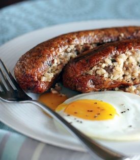 Smoked bratwurst or boudin sausages