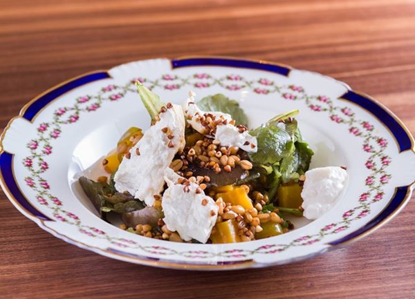 Smoked burrata with golden beetroot, grains and pickled greengages