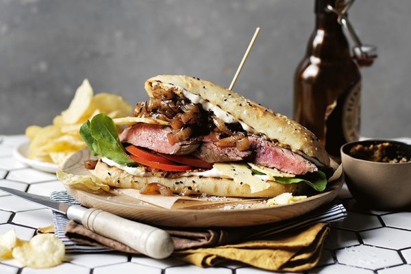 Smoked cheddar steak sandwich with beer mustard