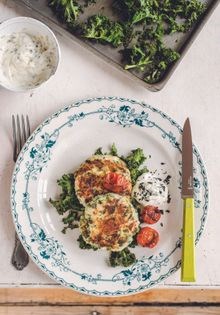 Smoked cheese potato cakes with crispy kale