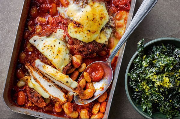 Smoked chicken & bean Parmesan with dressed cavolo nero