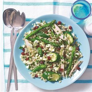 Smoked chicken and barley salad with chorizo and feta