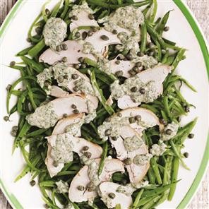 Smoked chicken and runner bean salad with creamy salsa verde dressing