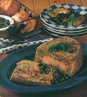 Smoked chicken and sun-dried tomato terrine with black olive and caper relish