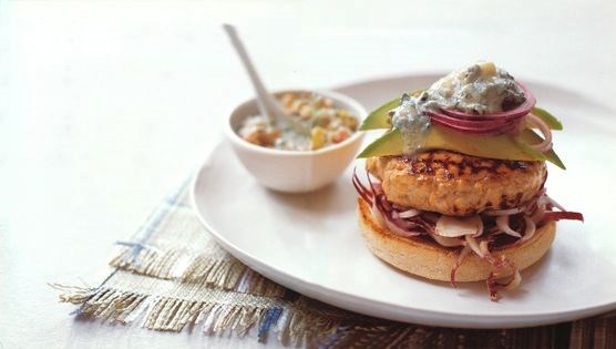 Smoked chicken Cobb burger with watercress and tomato yogurt