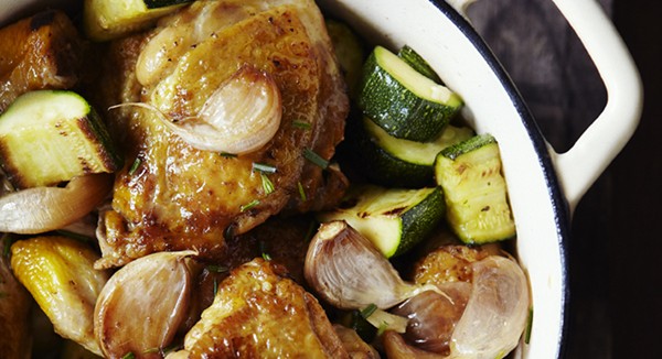 Smoked chicken, courgette, garlic and rosemary casserole