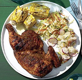 Smoked chicken halves with lemon-ginger barbecue sauce