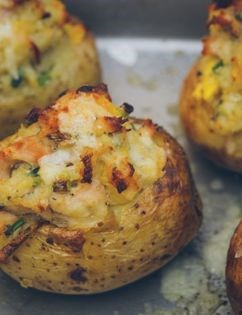 Smoked chicken, mango and spring onion stuffed baked spuds