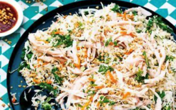 Smoked chicken salad with peanut chilli salsa