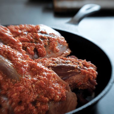 Smoked-chili-rubbed goat shoulder