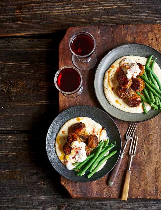 Smoked chilli meatballs with tahini, creamed beans and yogurt