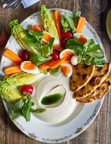 Smoked cod's roe dip with spring vegetables, soft-boiled eggs and flatbreads
