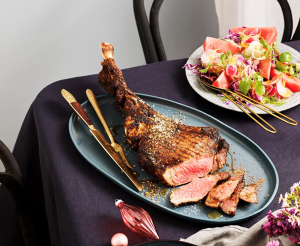 Smoked coffee and spice-rubbed tomahawk steaks