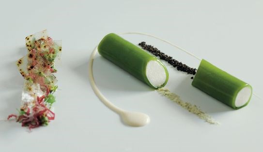 Smoked eel parfait with white soy dressing and seaweed