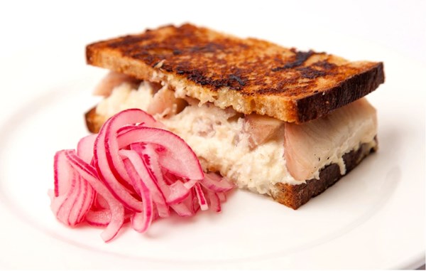 Smoked eel sandwich with onion pickle [Jeremy Lee]