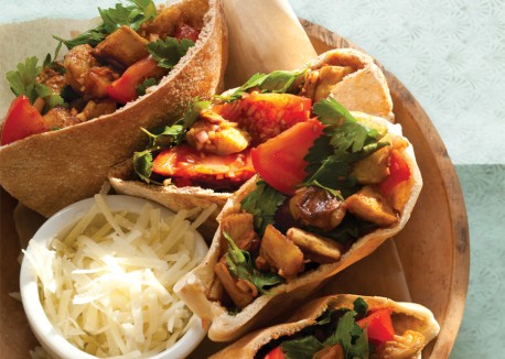 Smoked eggplant and tomato pitas