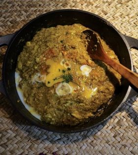 Smoked eggplant with eggs + garlic (Mirza qasemi)