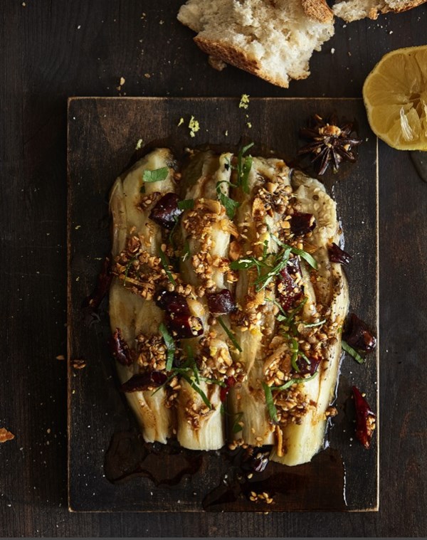Smoked eggplant with peanut dressing