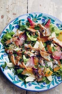 Smoked fish & beetroot salad with crispy fish skin