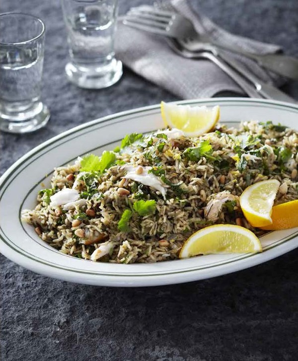 Smoked fish and fresh herb pilaf
