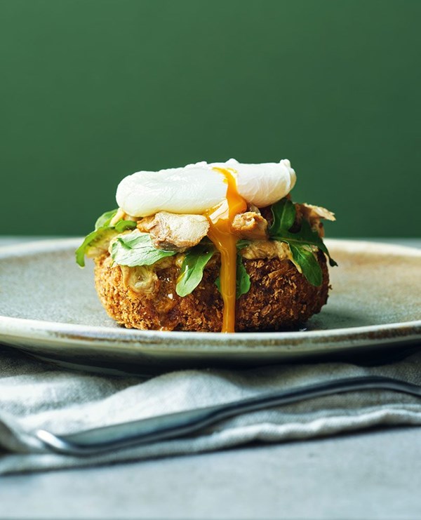 Smoked fish and horopito croquettes, baby rocket, sour cream and poached egg
