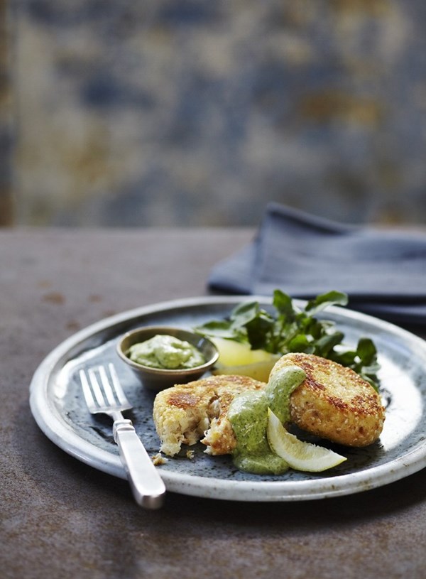 Smoked fish and parsnip cakes with horseradish and watercress cream