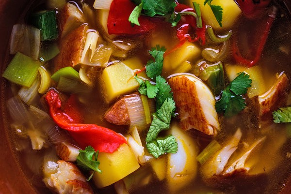 Smoked fish and potato soup with chorizo