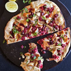 Smoked fish, beetroot and crème fraîche pizzas